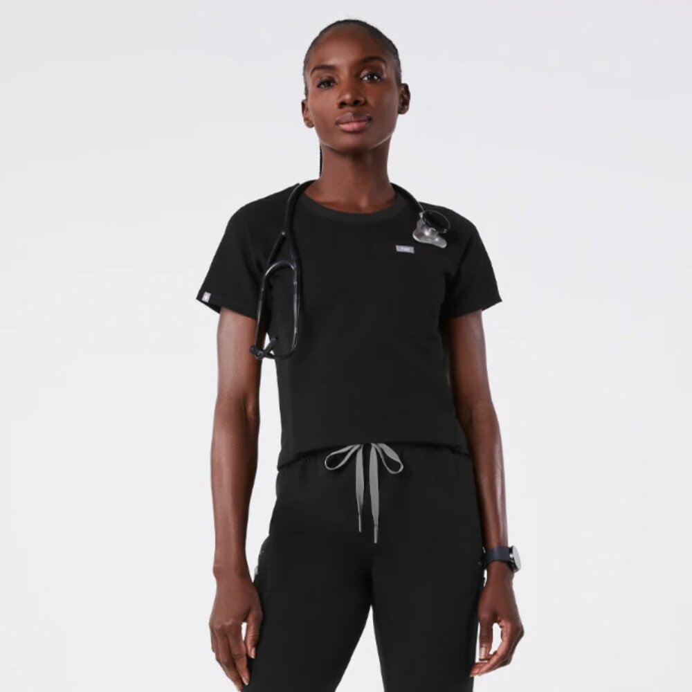 NWT FIGS WOMENS ELIZA SLIM CREW NECK SCRUB TOP--SMALL---BLACK--NEW IN PACKAGING